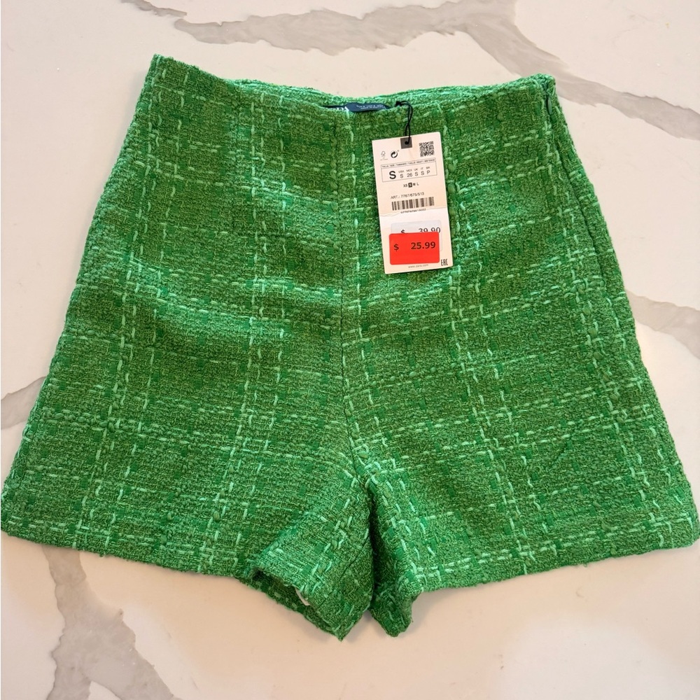 Zara Bright Green Tweed High-Waist Shorts